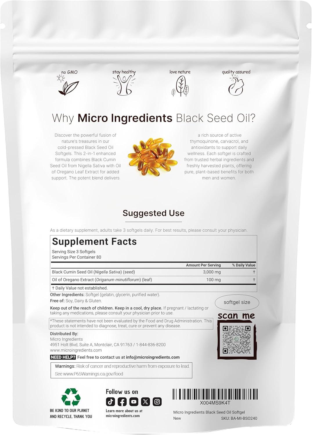 image:imageMicro Ingredients Black Seed Oil Softgels 3000mg 240 Count 2in1 Formula with Oil of Oregano Carvacrol amp Thymoquinone Plant Based NonGMO240 Count Pack of 1