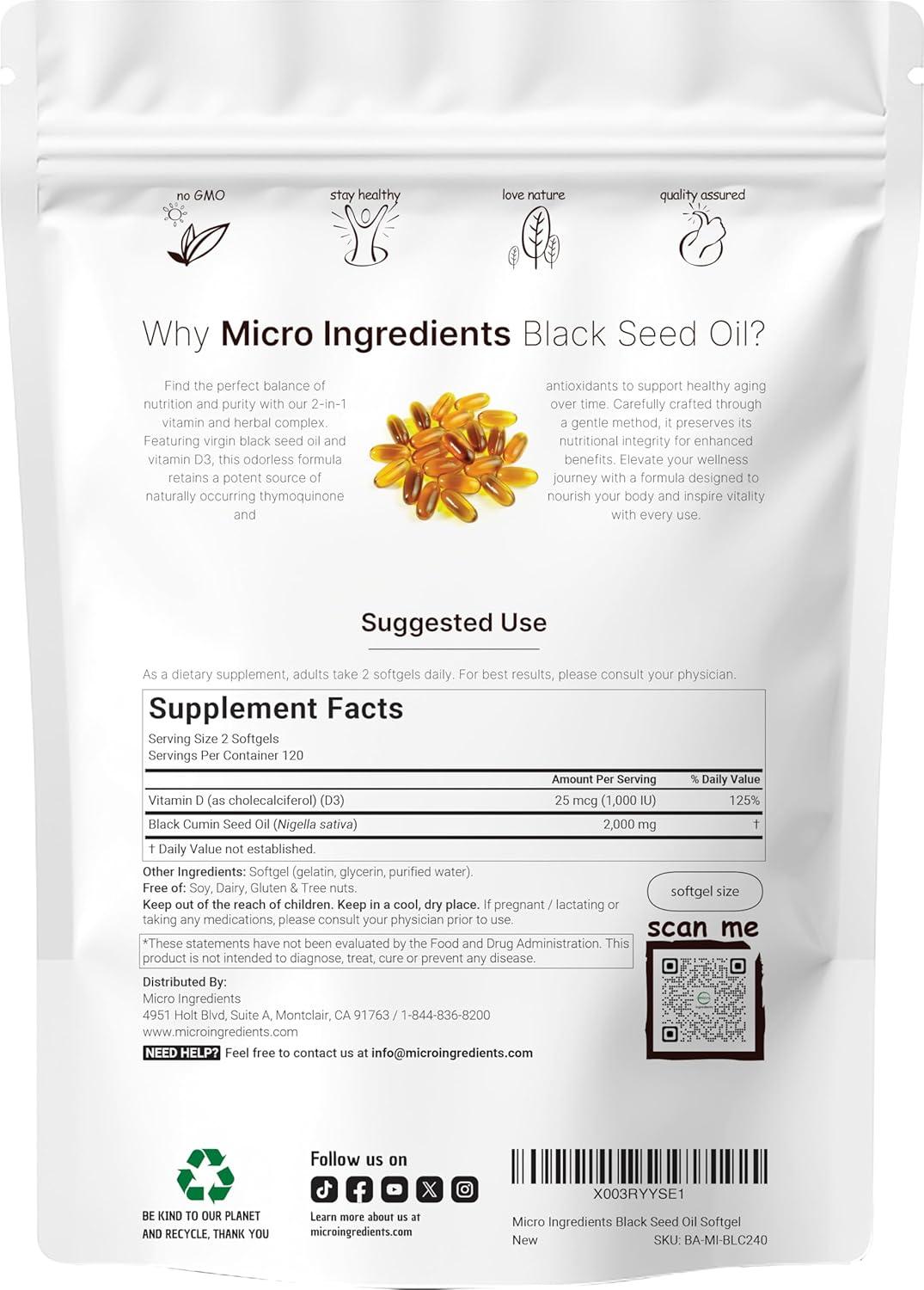 image:imageMicro Ingredients Black Seed Oil with Vitamin D3 1000 IU 240 Softgels 2000 mg Black Seed Oil Per Serving Nigella Sativa Oil 2in1 Unrefined Seed Oil Formula NonGMO cGMP Manufactured