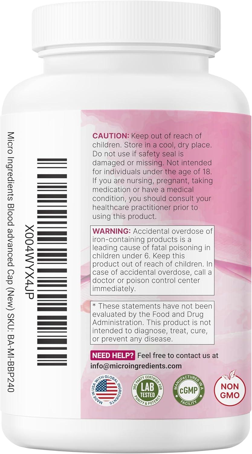 image:imageMicro Ingredients Blood Advanced Iron Supplement 240 Veggie Capsules 14in1 Iron Bisglycinate with Folate Vitamins B C Chelated Iron Complex with Botanical Blend NonGMO