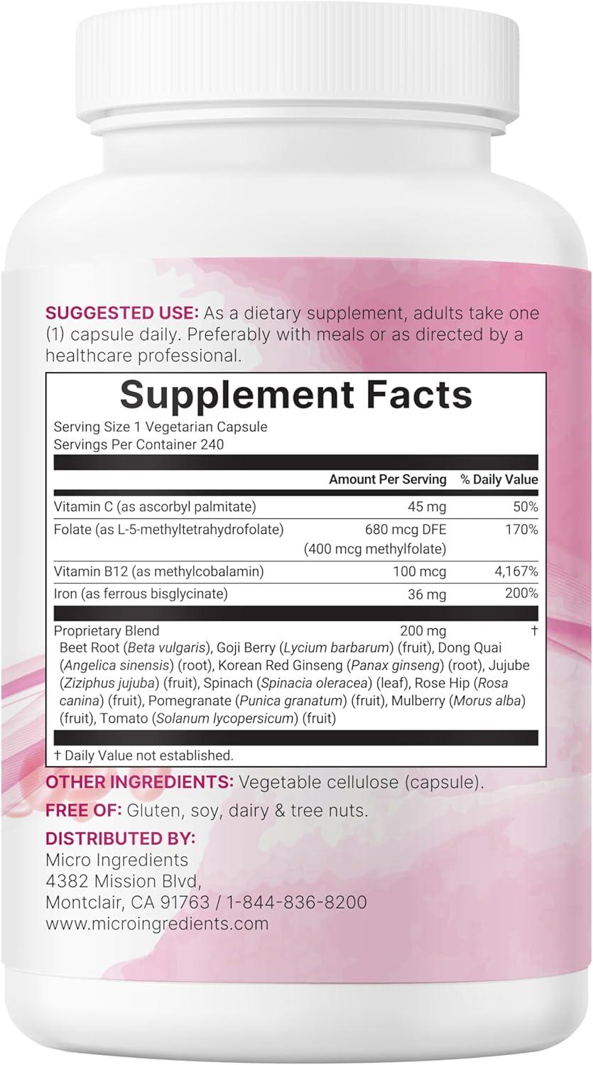 image:imageMicro Ingredients Blood Advanced Iron Supplement 240 Veggie Capsules 14in1 Iron Bisglycinate with Folate Vitamins B C Chelated Iron Complex with Botanical Blend NonGMO