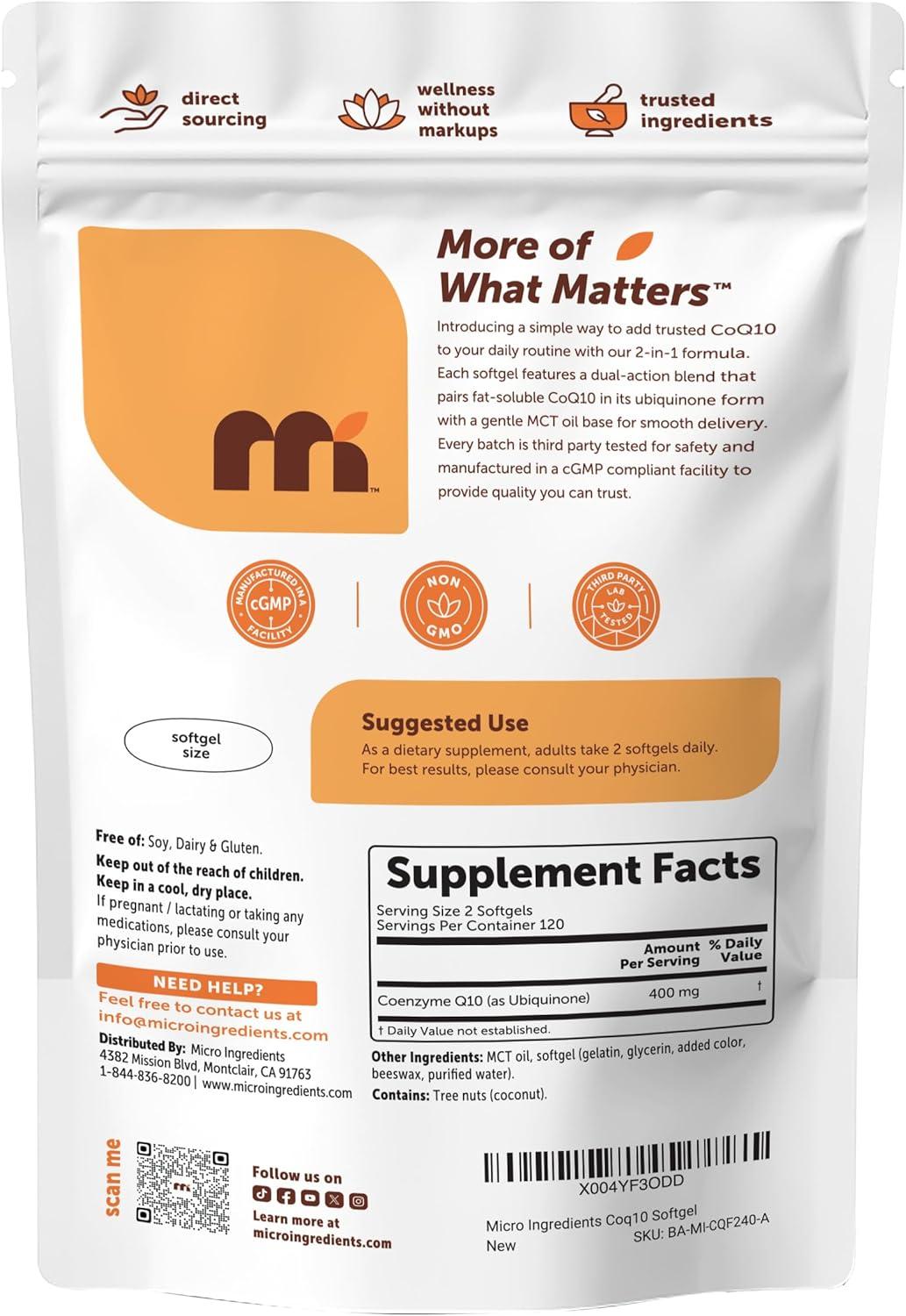 image:imageMicro Ingredients CoQ10 400 mg Per Serving 240 Softgels Made with Coconut MCT Oil Coenzyme Q10 Ubiquinone NonGMO