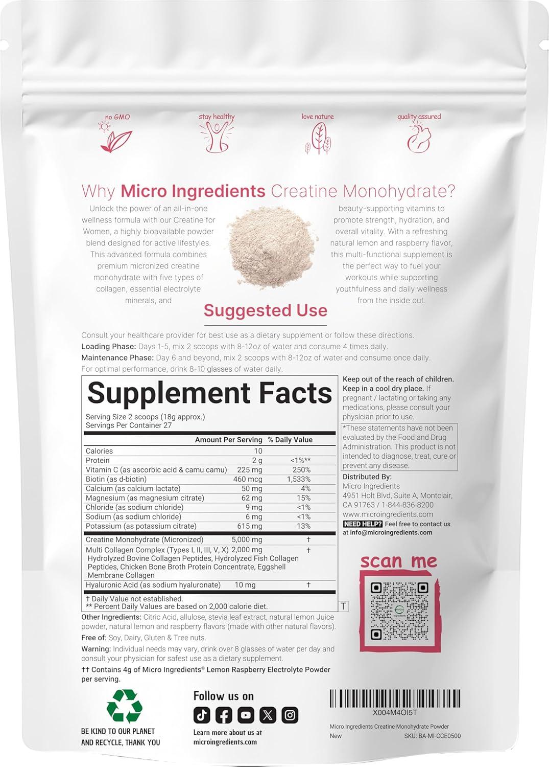image:imageMicro Ingredients Creatine Electrolytes Multi Collagen for Women 5000mg Micronized Creatine Monohydrate Powder Complex Creatine Hydration Drink Mix Lemon Raspberry SugarFree NonGMO
