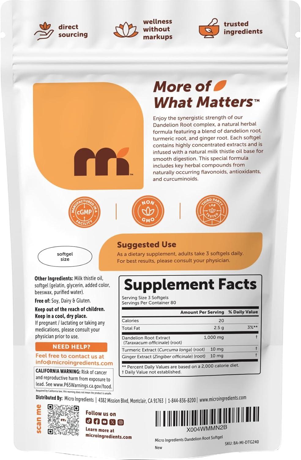 image:imageMicro Ingredients Dandelion Root Extract Taraxacum officinale 1000mg Per Serving 240 Softgels 3in1 Herbal Blend with Turmeric amp Ginger Extract Made with Milk Thistle Oil NonGMO