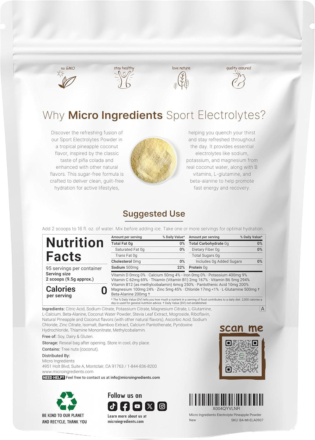 image:imageMicro Ingredients Electrolytes Powder 2 lbs 95 Servings Sugar Free Workout Hydration Potassium Sodium LGlutamine BetaAlanine amp More Natural Coconut Water Pineapple Pia Colada Flavor