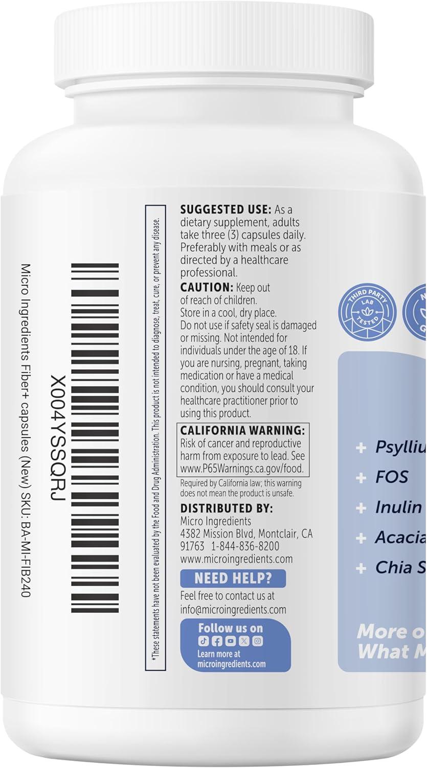 image:imageMicro Ingredients Fiber 240 Vegetarian Capsules Soluble Fiber Supplement with Psyllium Husk 5in1 with Probiotics Prebiotics Postbiotics amp Enzymes NonGMO