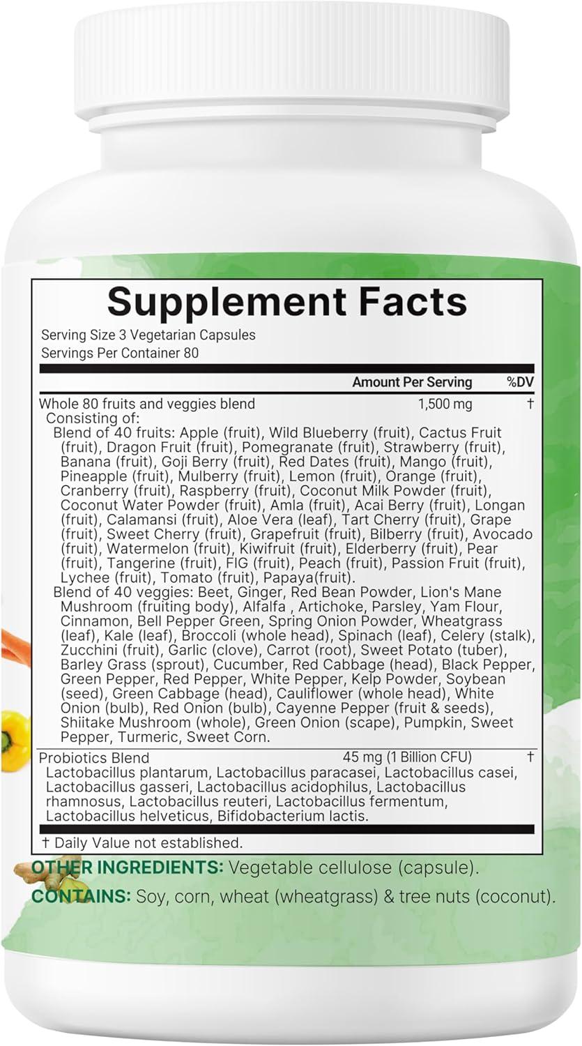image:imageMicro Ingredients Fruit and Veggies Supplement with Probiotics 240 Vegetarian Capsules 80 Super Greens amp Fruits Complex Immune Gut amp Digestive Health Support