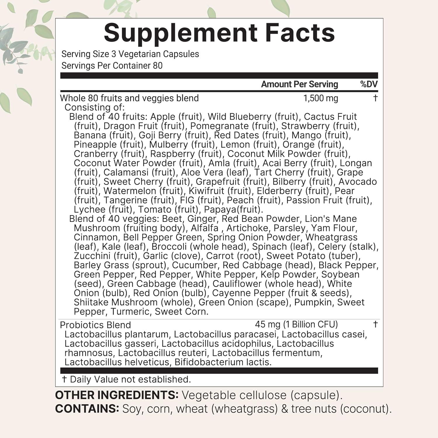 image:imageMicro Ingredients Fruit and Veggies Supplement with Probiotics 240 Vegetarian Capsules 80 Super Greens amp Fruits Complex Immune Gut amp Digestive Health Support