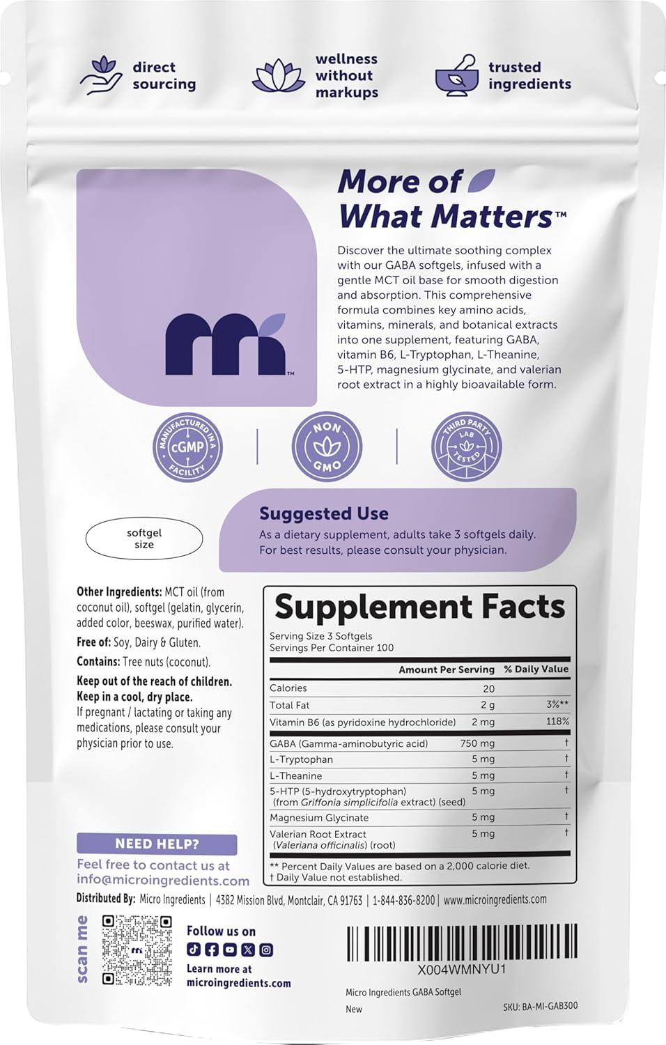 image:imageMicro Ingredients GABA 750 mg with MCT Oil 300 Softgels Gamma Aminobutyric Acid with Vitamin B6 5HTP LTheanine LTryptophan amp Magnesium Glycinate NonGMO cGMP Manufactured