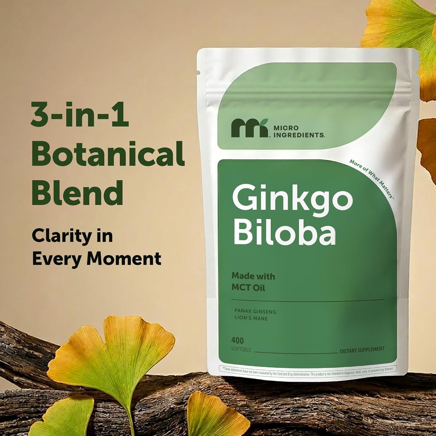 image:imageMicro Ingredients Ginkgo Biloba 120 mg Per Serving 400 Softgels 3in1 with Panax Ginseng amp Lions Mane Herbal Mushroom Blend Made with MCT Oil NonGMO