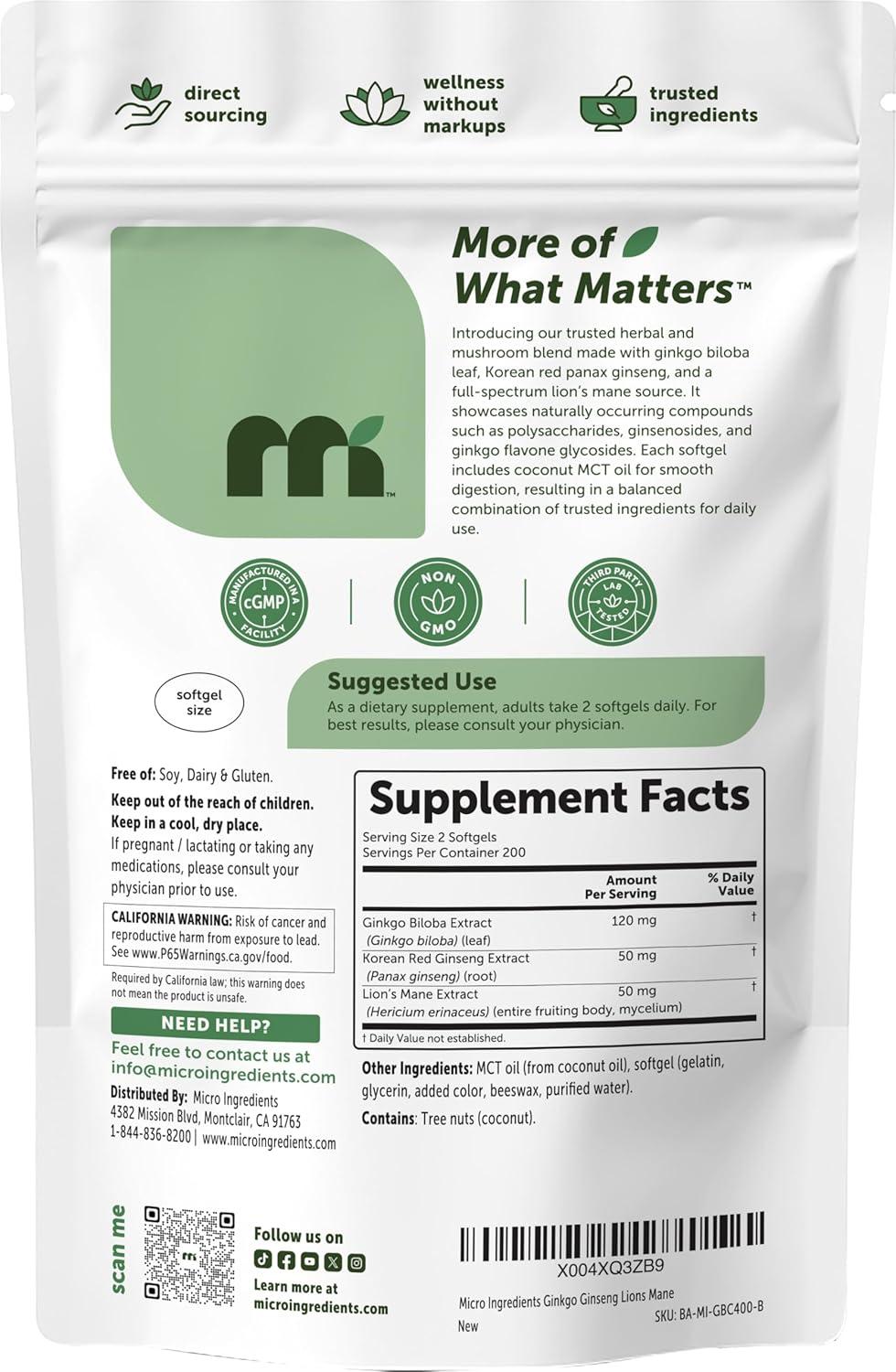 image:imageMicro Ingredients Ginkgo Biloba 120 mg Per Serving 400 Softgels 3in1 with Panax Ginseng amp Lions Mane Herbal Mushroom Blend Made with MCT Oil NonGMO