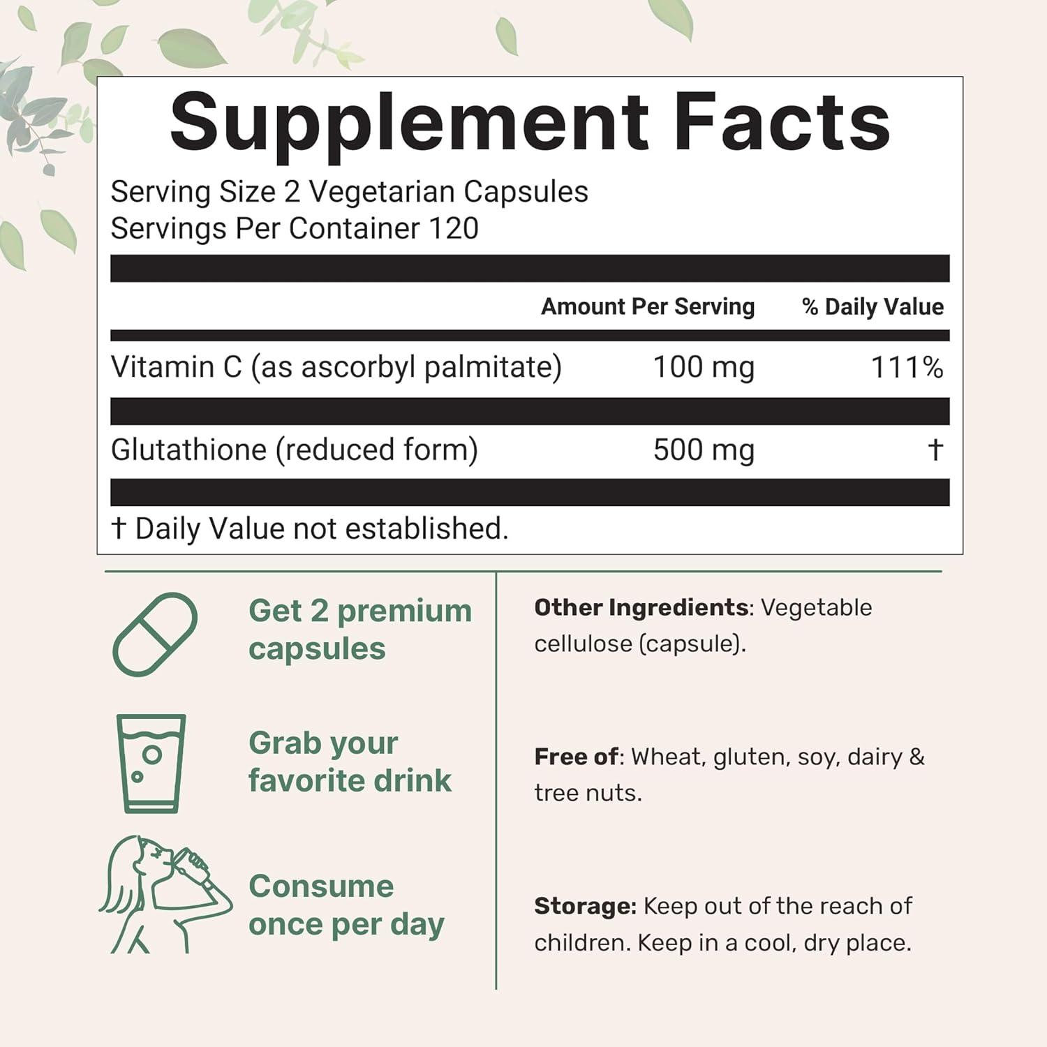 image:imageMicro Ingredients Glutathione 500mg with 100mg Vitamin C Supplement 240 Veggie Capsules Reduced Glutathione Fat Soluble Ascorbyl Palmitate Complex NonGMO Filler Free