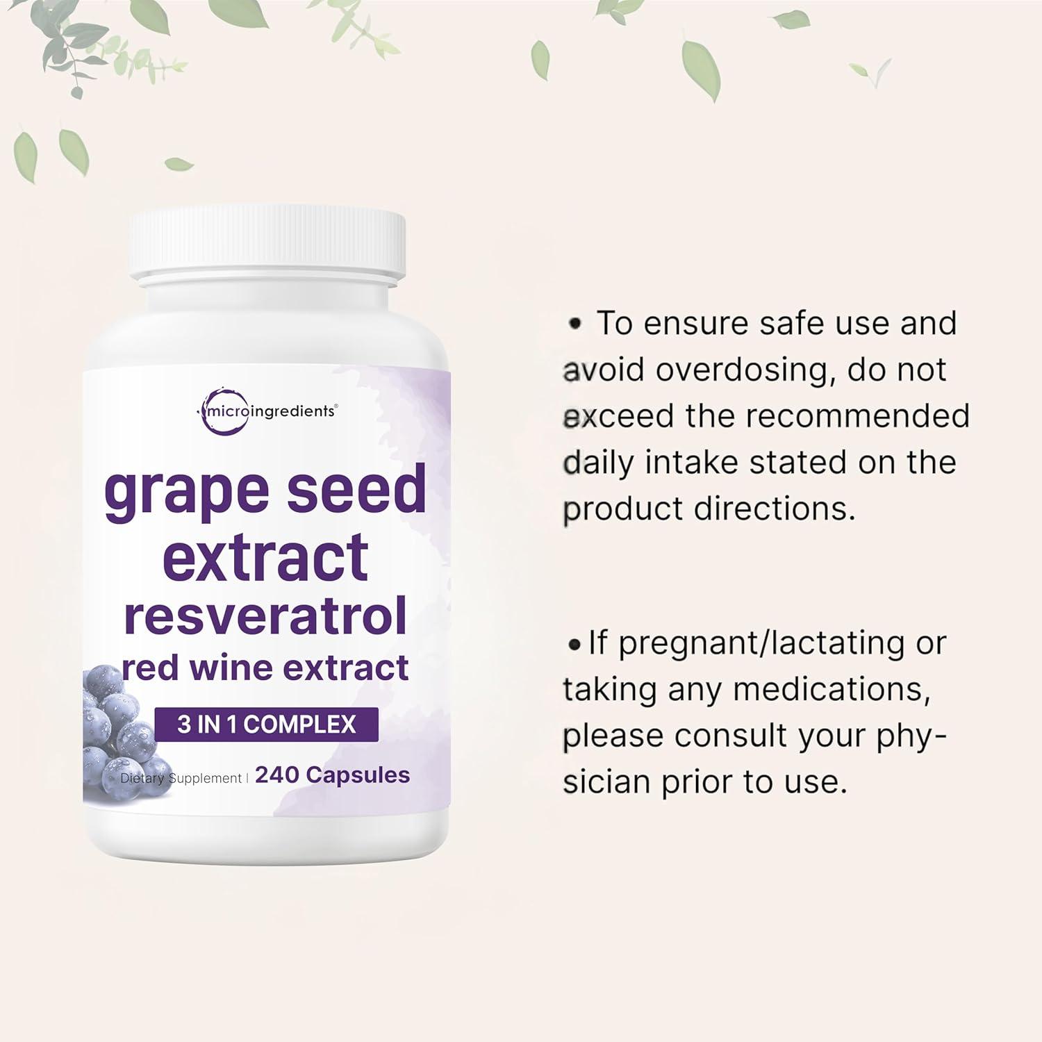 image:imageMicro Ingredients Grape Seed Extract 240 Capsules 3in1 Antioxidant Blend with Resveratrol amp Red Wine Extracts Max Strength Polyphenols Supplement NonGMO