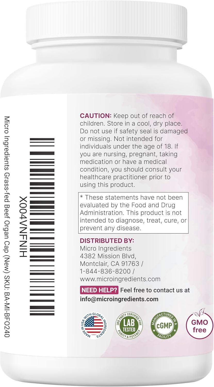 image:imageMicro Ingredients GrassFed Beef Organ Supplement for Women Bovine Beef Liver Kidney Heart amp Uterus Tissue 1200 mg Organ Blend Plus Vitamin C Colostrum amp Collagen 240 Capsules No Fillers