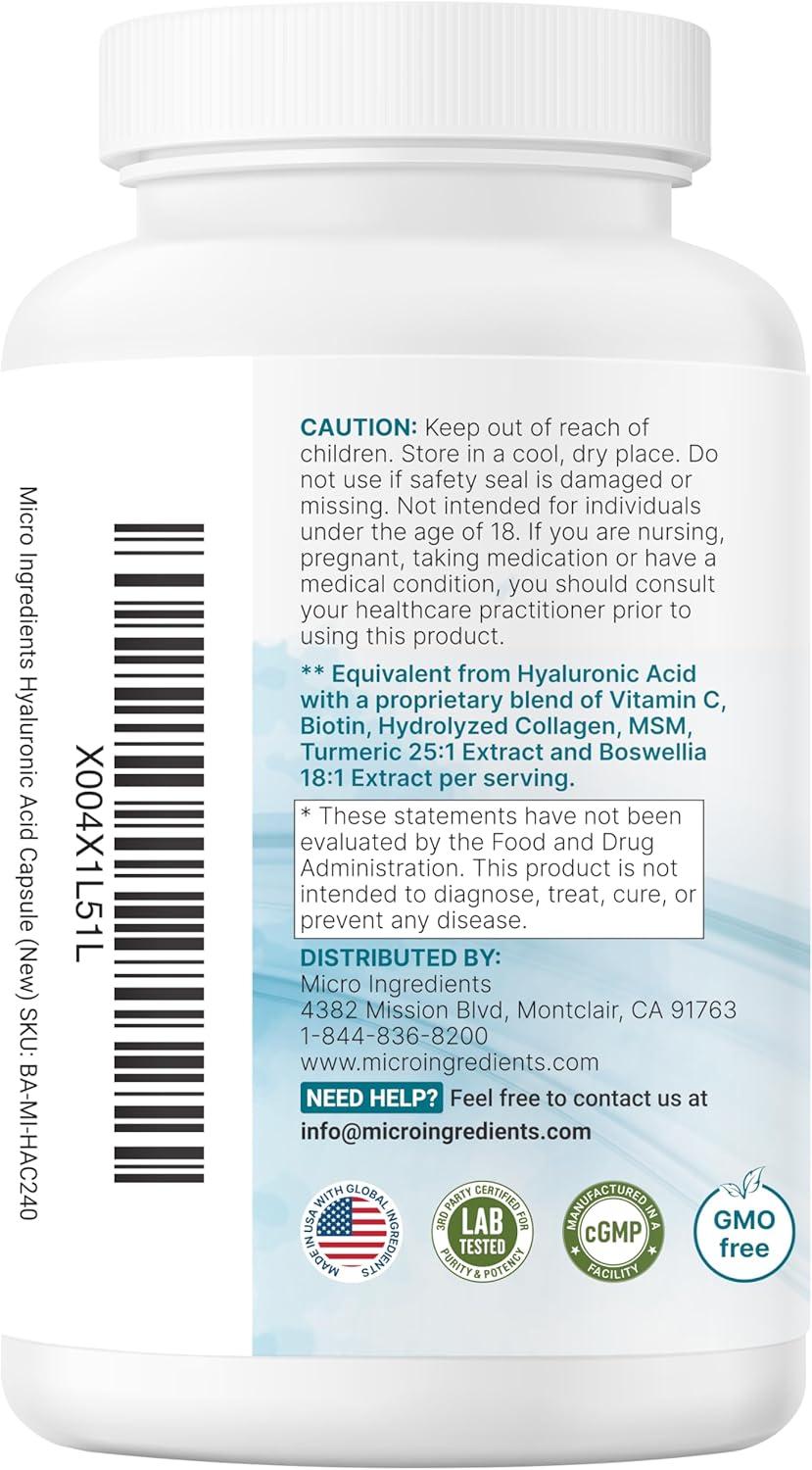 image:imageMicro Ingredients Hyaluronic Acid Complex 240 Vegetarian Capsules with Collagen MSM Vitamin C Biotin Turmeric amp Boswellia NonGMO FillerFree cGMP Manufactured amp Lab Tested