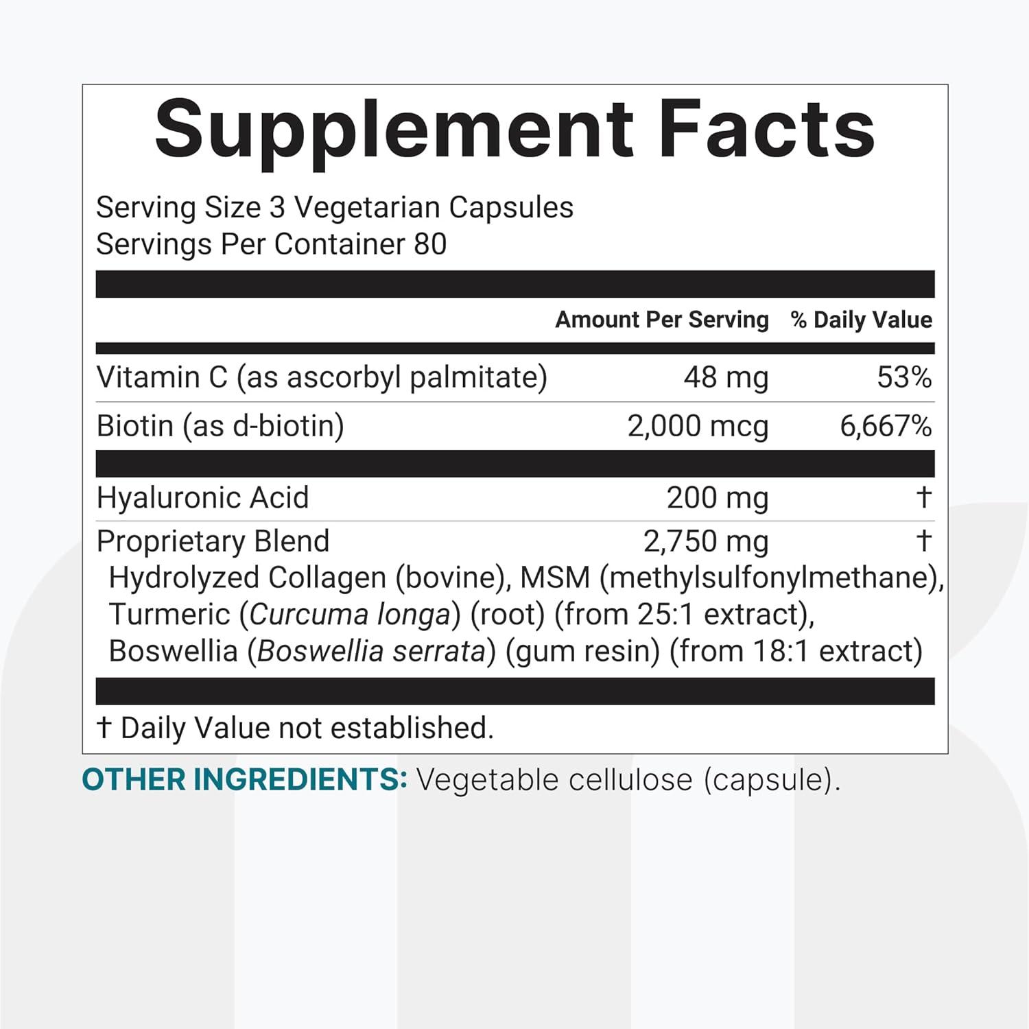image:imageMicro Ingredients Hyaluronic Acid Complex 240 Vegetarian Capsules with Collagen MSM Vitamin C Biotin Turmeric amp Boswellia NonGMO FillerFree cGMP Manufactured amp Lab Tested