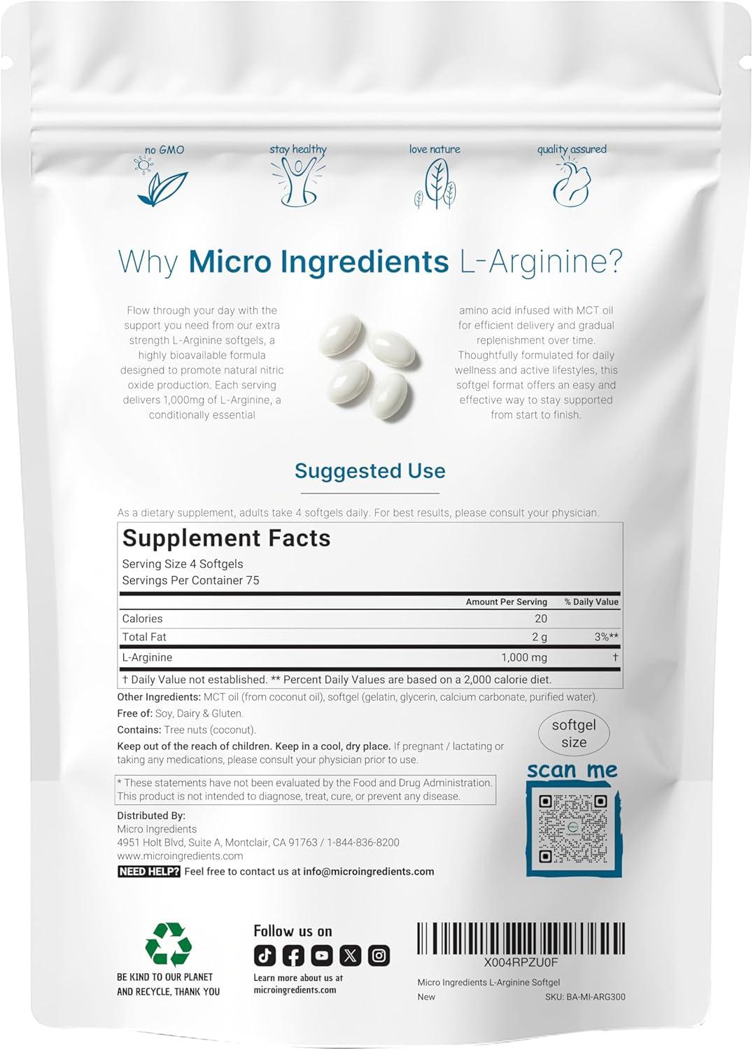 image:imageMicro Ingredients LArginine 1000mg with MCT Oil 300 Softgels Nitric Oxide Precursor for Men amp Women Extra Strength Amino Acid Formula for Daily Wellness NonGMO Gluten Free No Soy