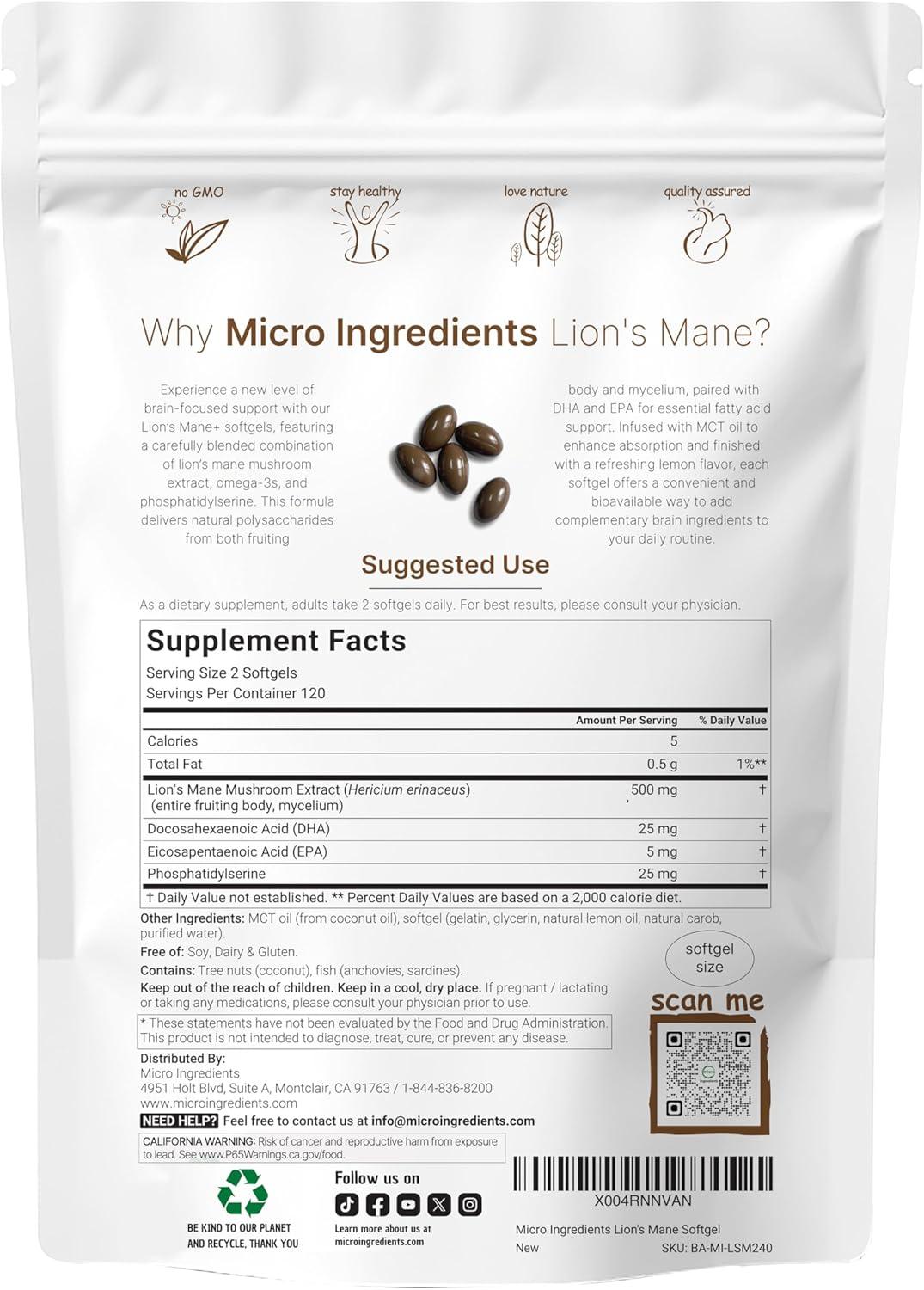 image:imageMicro Ingredients Lions Mane with Omega3 EPA DHA amp Phosphatidylserine 240 Softgels with MCT Oil for Better Absorption Fruiting Body amp Mycelium Superfood Mushroom Extract Lemon Flavored