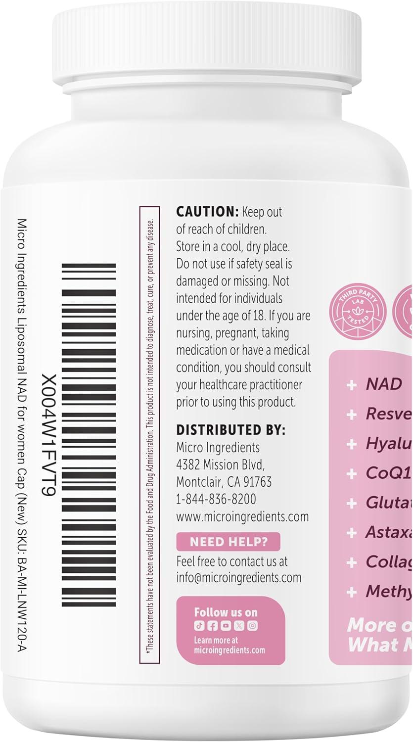 image:imageMicro Ingredients Liposomal NAD for Women Complex 180 Veggie Capsules NMN Pathway Supplement 12in1 Advanced NAD Formula with Resveratrol Hyaluronic Acid Glutathione amp Collagen