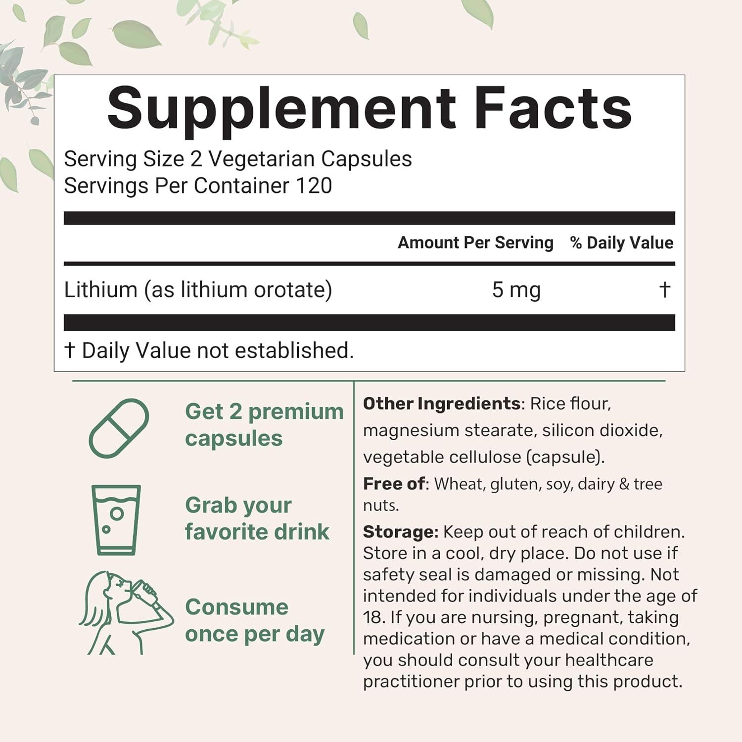 image:imageMicro Ingredients Lithium Orotate 5mg 240 Vegetarian Capsules 5mg Per Serving Elemental Lithium Trace Mineral Stable LowDose Orotate Form NonGMO Filler Free