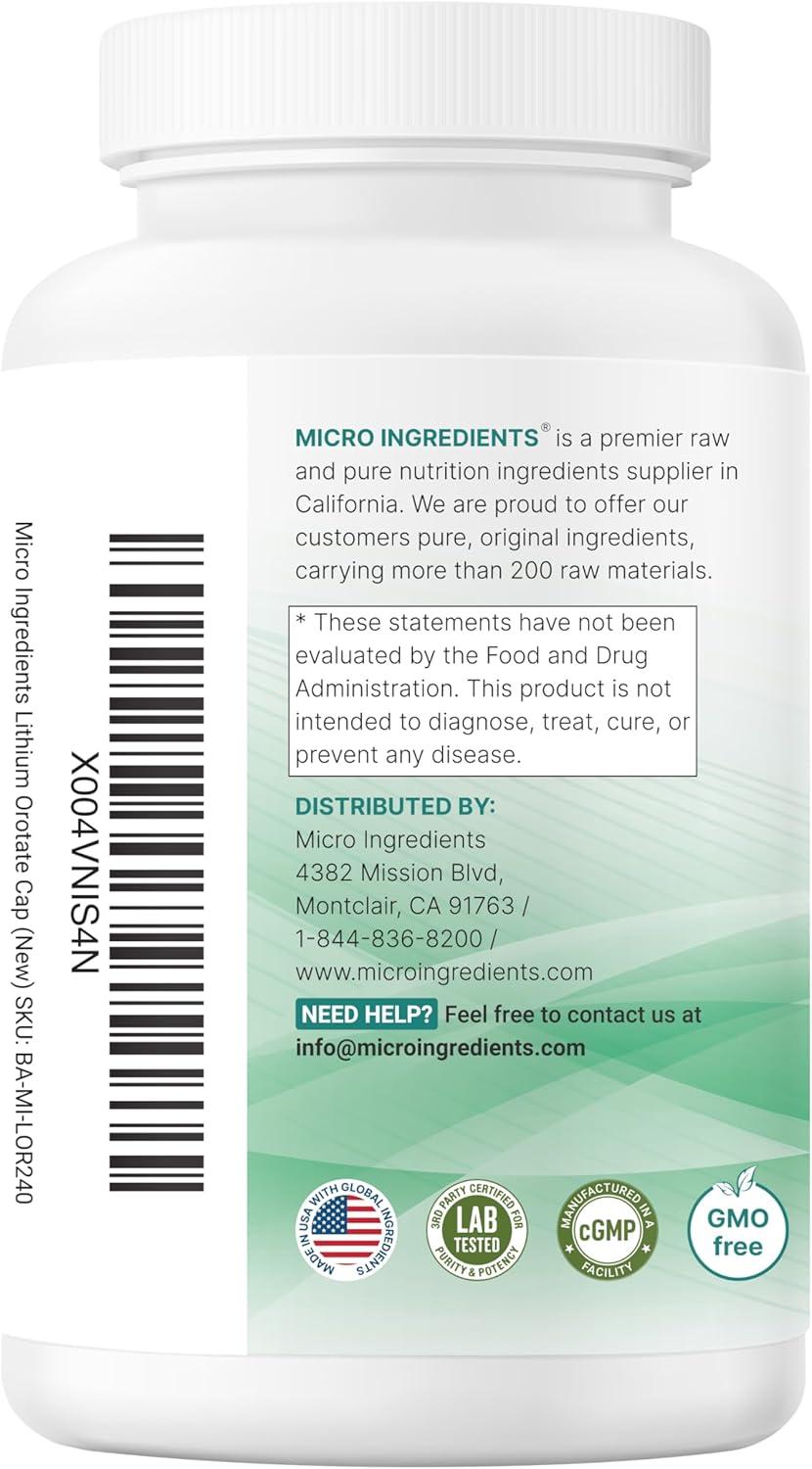 image:imageMicro Ingredients Lithium Orotate 5mg 240 Vegetarian Capsules 5mg Per Serving Elemental Lithium Trace Mineral Stable LowDose Orotate Form NonGMO Filler Free