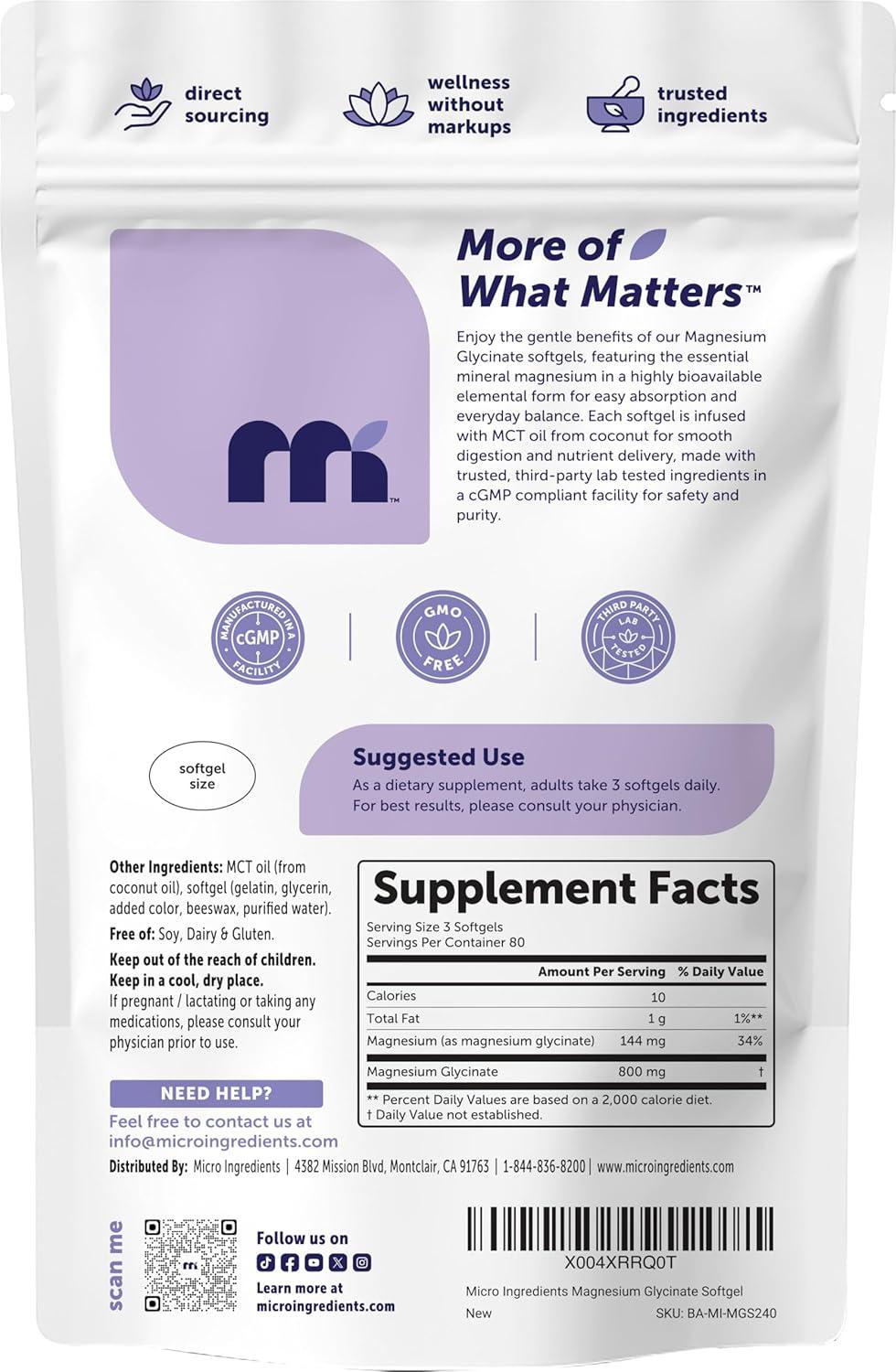 image:imageMicro Ingredients Magnesium Glycinate 800 mg Per Serving 240 Softgels Chelated Magnesium Supplement with MCT Oil NonGMO Gluten Free No Soy