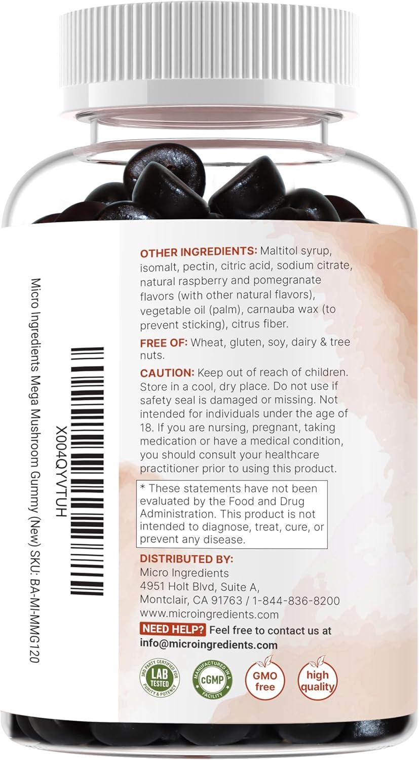 image:imageMicro Ingredients Mega Mushroom Gummies 10in1 with Lions Mane Turkey Tail Reishi Cordyceps Chaga Maitake amp Ashwagandha SugarFree Raspberry Pomegranate Flavor NonGMO 120 Count