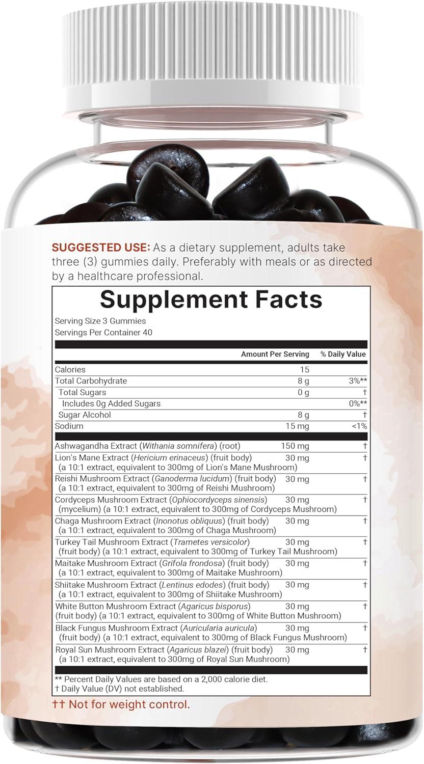 image:imageMicro Ingredients Mega Mushroom Gummies 10in1 with Lions Mane Turkey Tail Reishi Cordyceps Chaga Maitake amp Ashwagandha SugarFree Raspberry Pomegranate Flavor NonGMO 120 Count