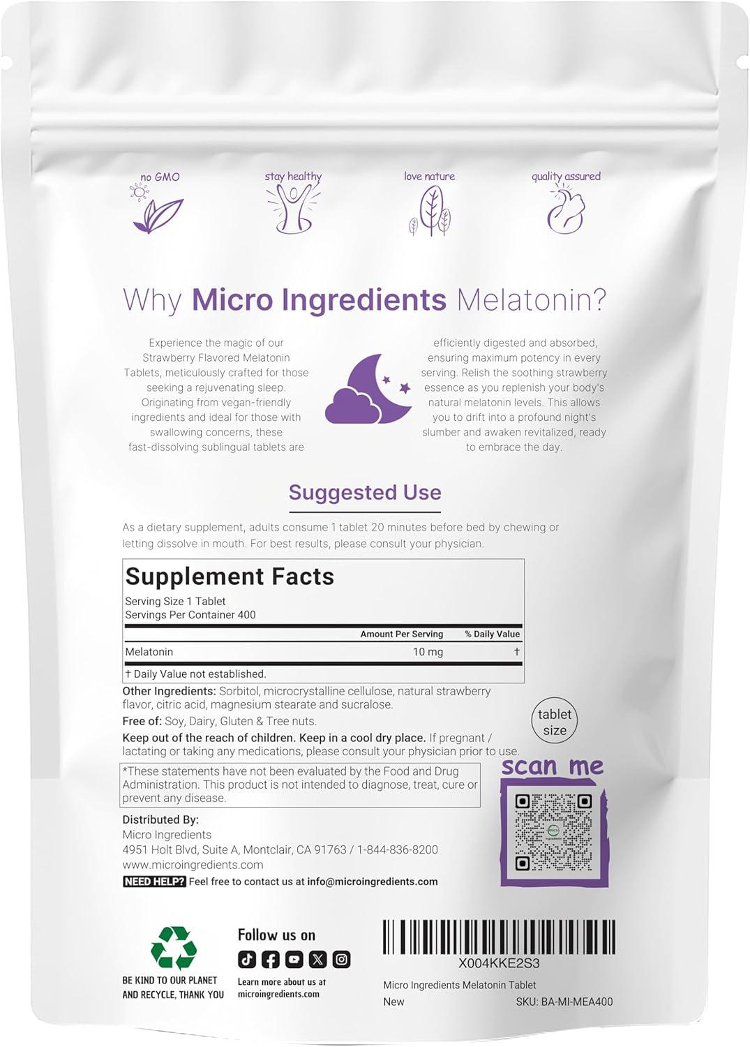 image:imageMicro Ingredients Melatonin 10mg 400 Tablets Natural Strawberry Flavor Fast Dissolve No Drug Vegetarian Friendly NonGMO No Gluten Sugar Free