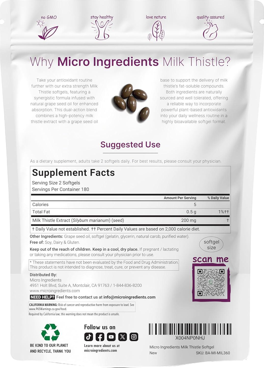 image:imageMicro Ingredients Milk Thistle Supplement 360 Softgels with Grape Seed Oil Highly Bioavailable Extract Contains Active Silymarin Antioxidants
