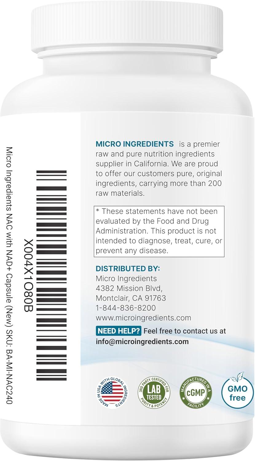 image:imageMicro Ingredients NAC with NAD 240 Vegetarian Capsules 1200 mg Per Serving 2in1 NAcetylLCysteine with Nicotinamide Adenine Dinucleotide NonGMO cGMP Manufactured