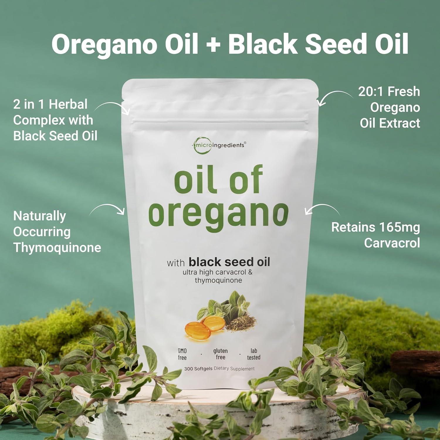 image:imageMicro Ingredients Oil of Oregano Softgels 300 Count 2 in 1 Formulated with Black Seed Oil 4X Strength Carvacrol amp Thymoquinone Plant Based NonGMO300 Count Pack of 1
