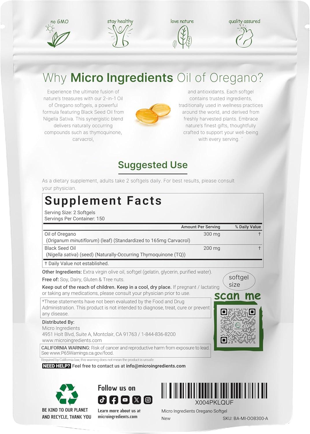 image:imageMicro Ingredients Oil of Oregano Softgels 300 Count 2 in 1 Formulated with Black Seed Oil 4X Strength Carvacrol amp Thymoquinone Plant Based NonGMO300 Count Pack of 1