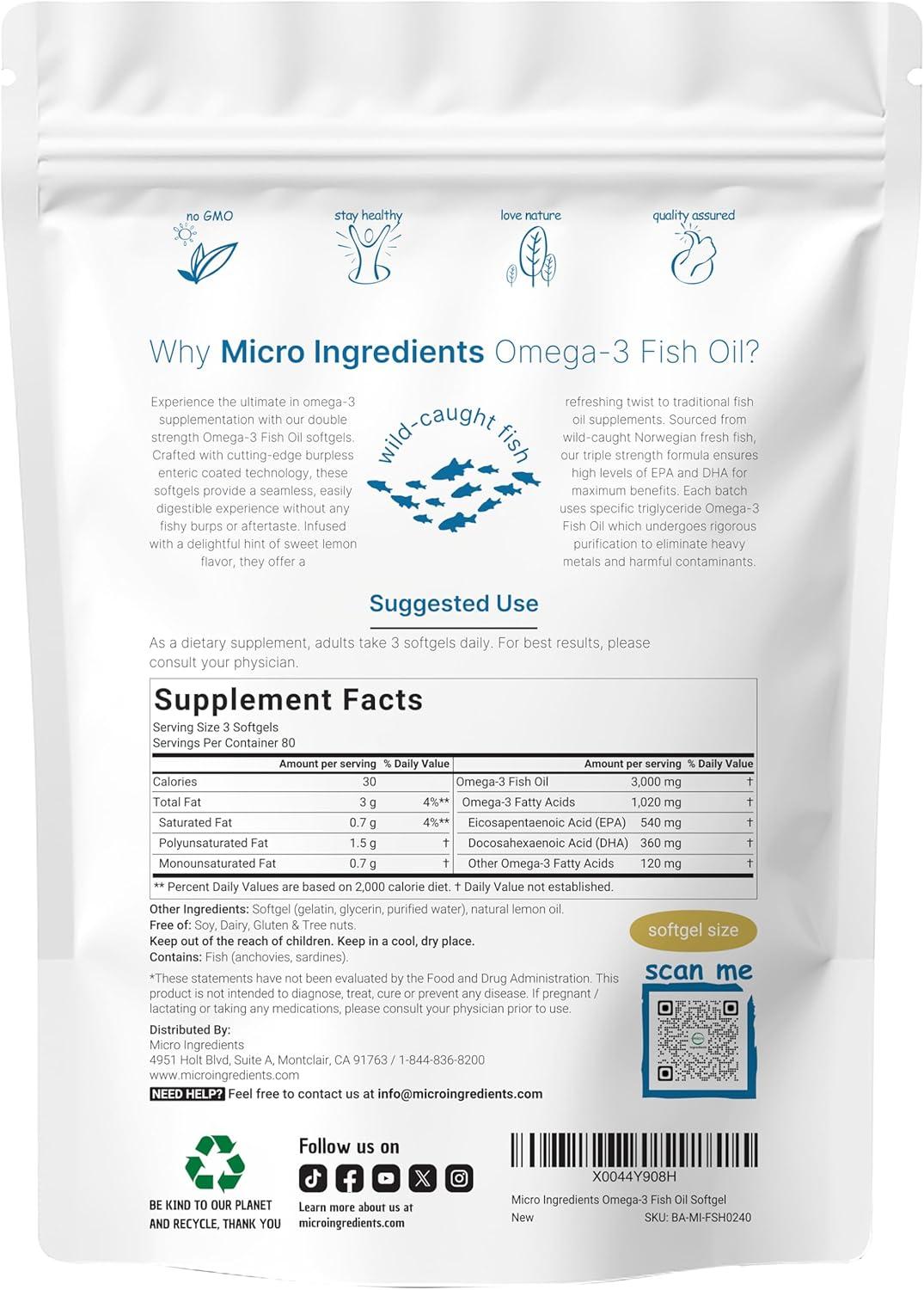 image:imageMicro Ingredients Omega 3 Fish Oil Supplements 3000mg Per Serving 240 Softgels Lemon Flavored Burpless EPA 540mg DHA 360mg Deep Sea Fish240 Count Pack of 1