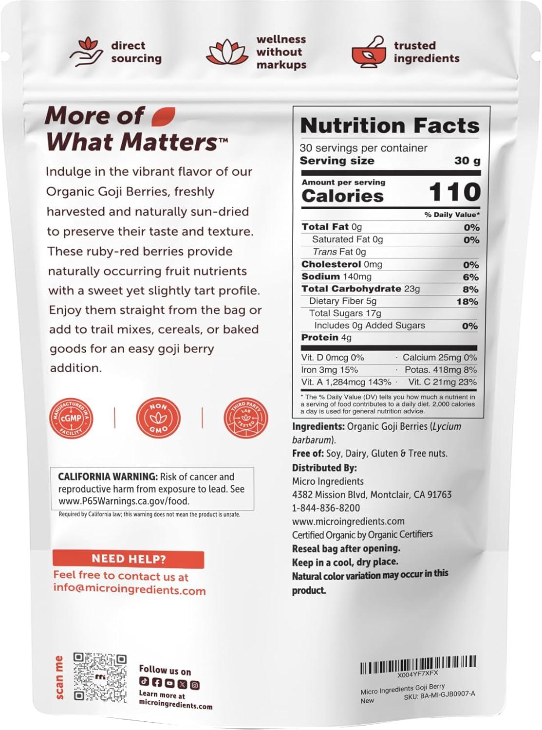 image:imageMicro Ingredients Organic Goji Berries 1lb 16oz Large Whole SunDried Berries Raw Superfood Wolfberries Natural Flavor for Trail Mix Juice amp Tea Sulfate Free Vegan Friendly NonGMO32 Ounce Pack of 1