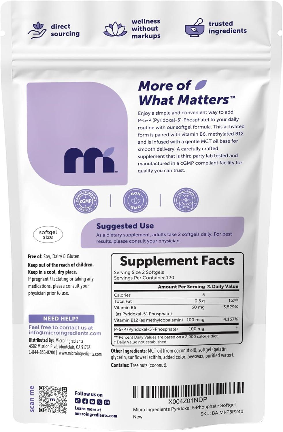 image:imageMicro Ingredients P5P Vitamin B6 100mg Per Serving 240 Softgels Pyridoxal5Phosphate Supplement with Methylated B12 Made with MCT Oil 4Month Supply NonGMO Gluten Free