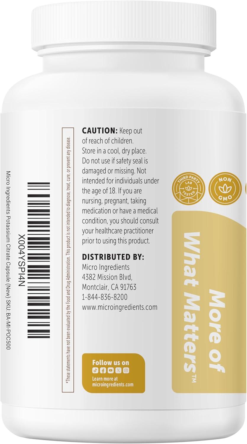 image:imageMicro Ingredients Potassium Citrate 99 mg Per Serving 500 Capsules 1 Year Supply Daily Mineral Supplement NonGMO Gluten Free Soy Free