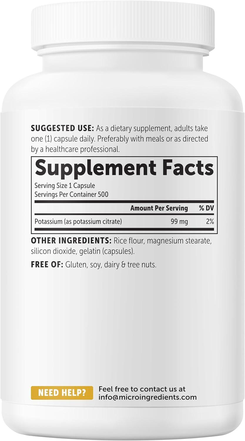 image:imageMicro Ingredients Potassium Citrate 99 mg Per Serving 500 Capsules 1 Year Supply Daily Mineral Supplement NonGMO Gluten Free Soy Free