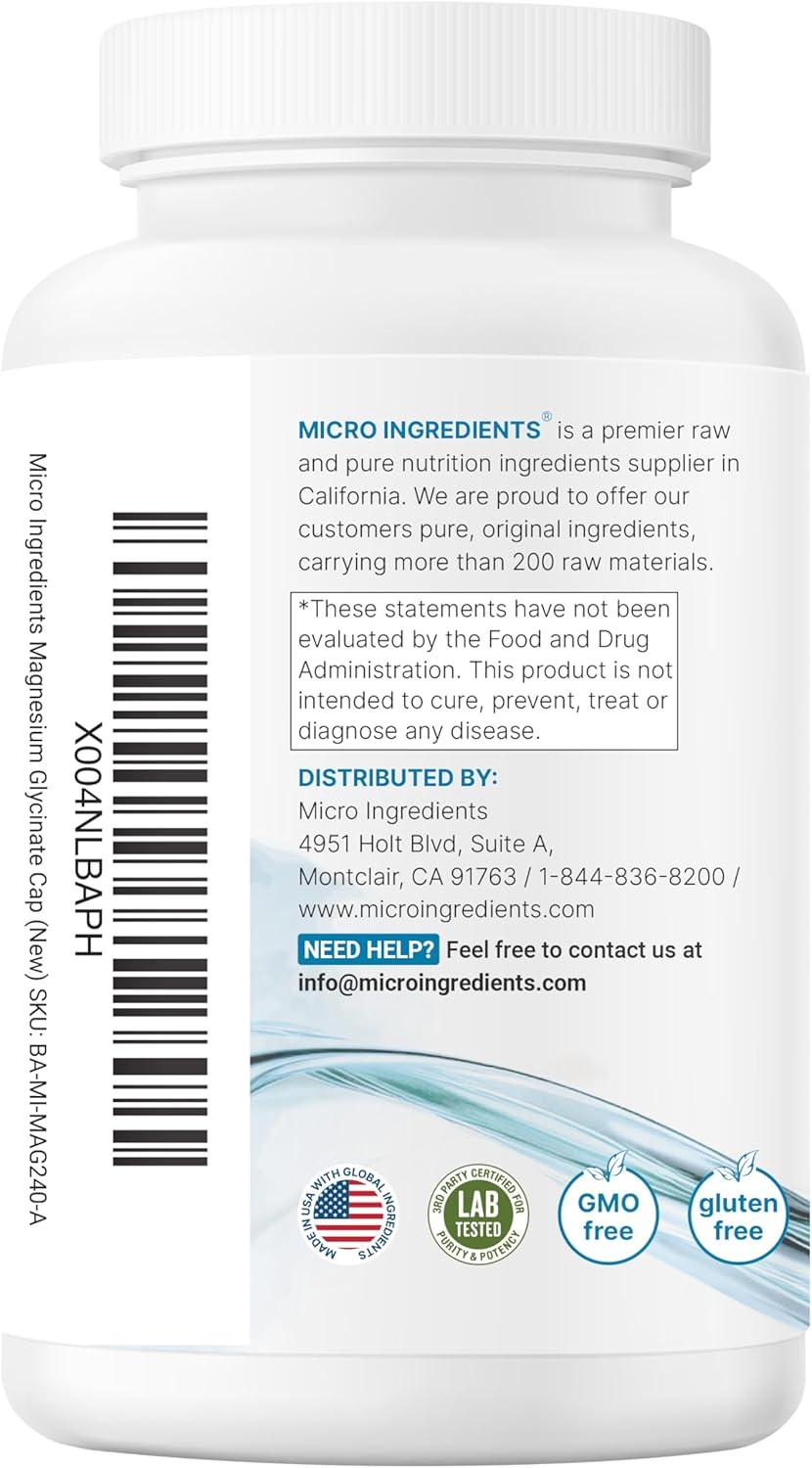 image:imageMicro Ingredients Pure Magnesium Glycinate 400mg Per Serving 240 Capsules Chelated Mineral Supplements with Elemental Form NonGMO Filler Free