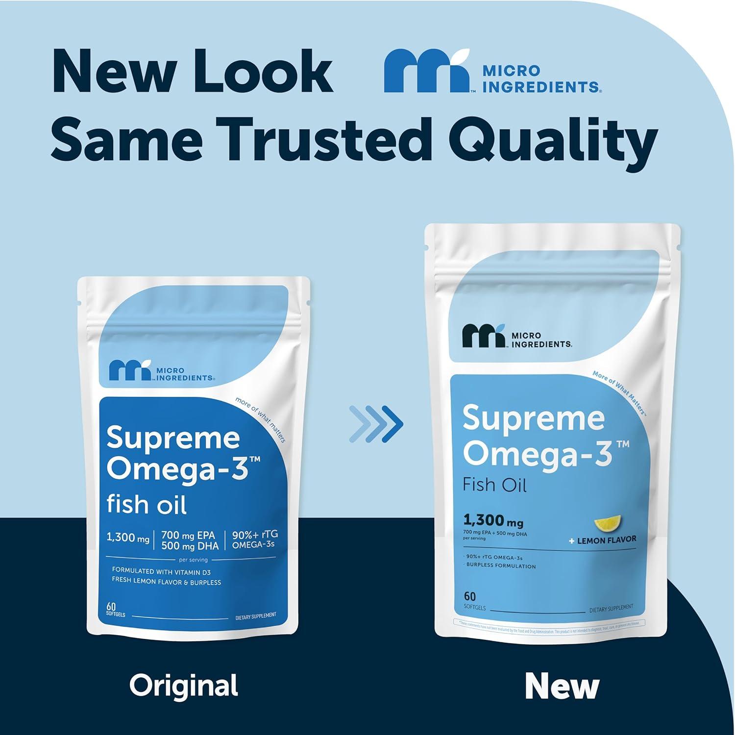 image:imageMicro Ingredients Supreme Omega3 Fish Oil wUltra High EPA amp DHA Burpless Softgels rTG Omega3 with Vitamin D3 WildCaught Cold DeepSea Fish Lemon Flavor Easy to Swallow 60ct60 Count Pack of 1