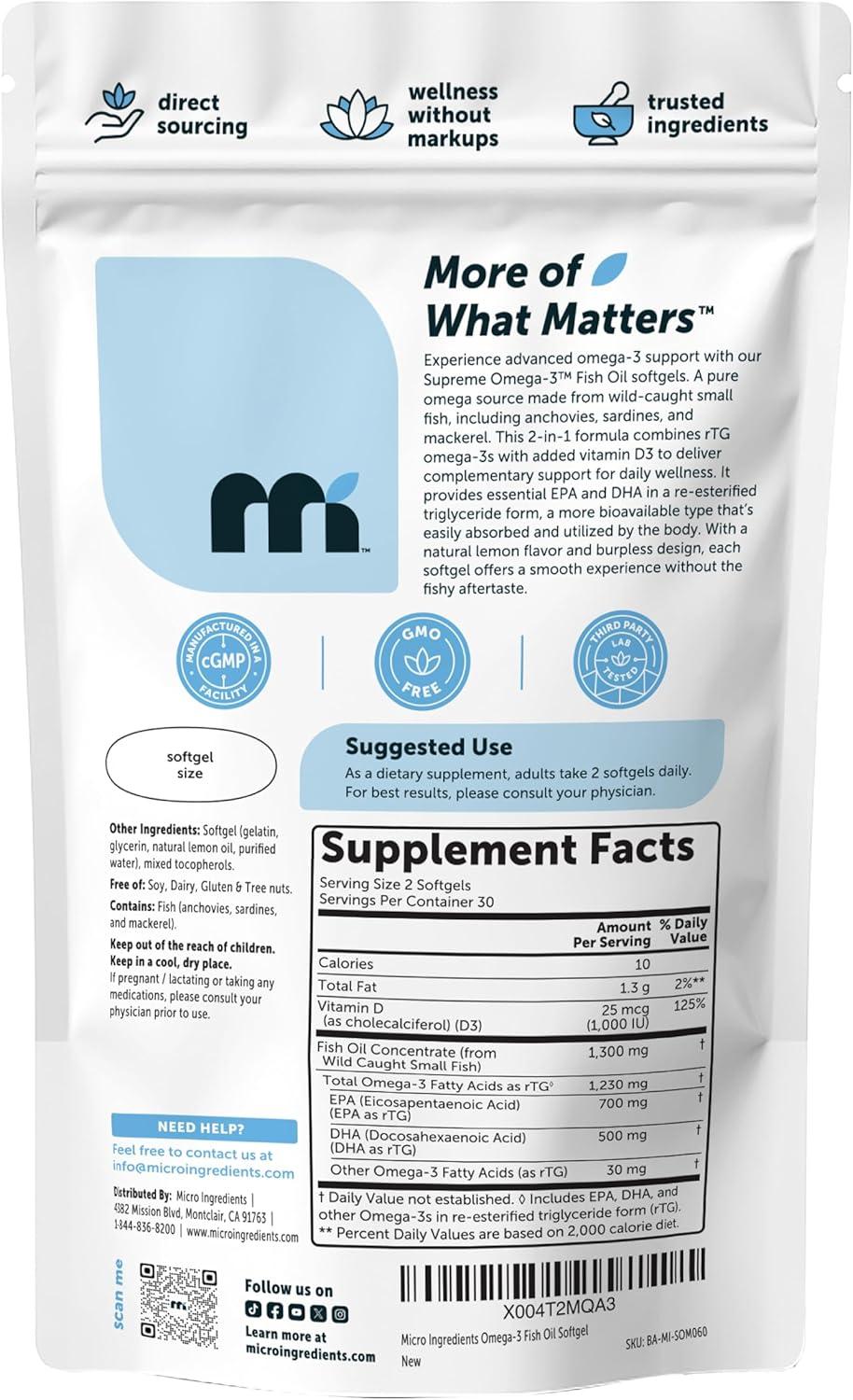 image:imageMicro Ingredients Supreme Omega3 Fish Oil wUltra High EPA amp DHA Burpless Softgels rTG Omega3 with Vitamin D3 WildCaught Cold DeepSea Fish Lemon Flavor Easy to Swallow 60ct60 Count Pack of 1