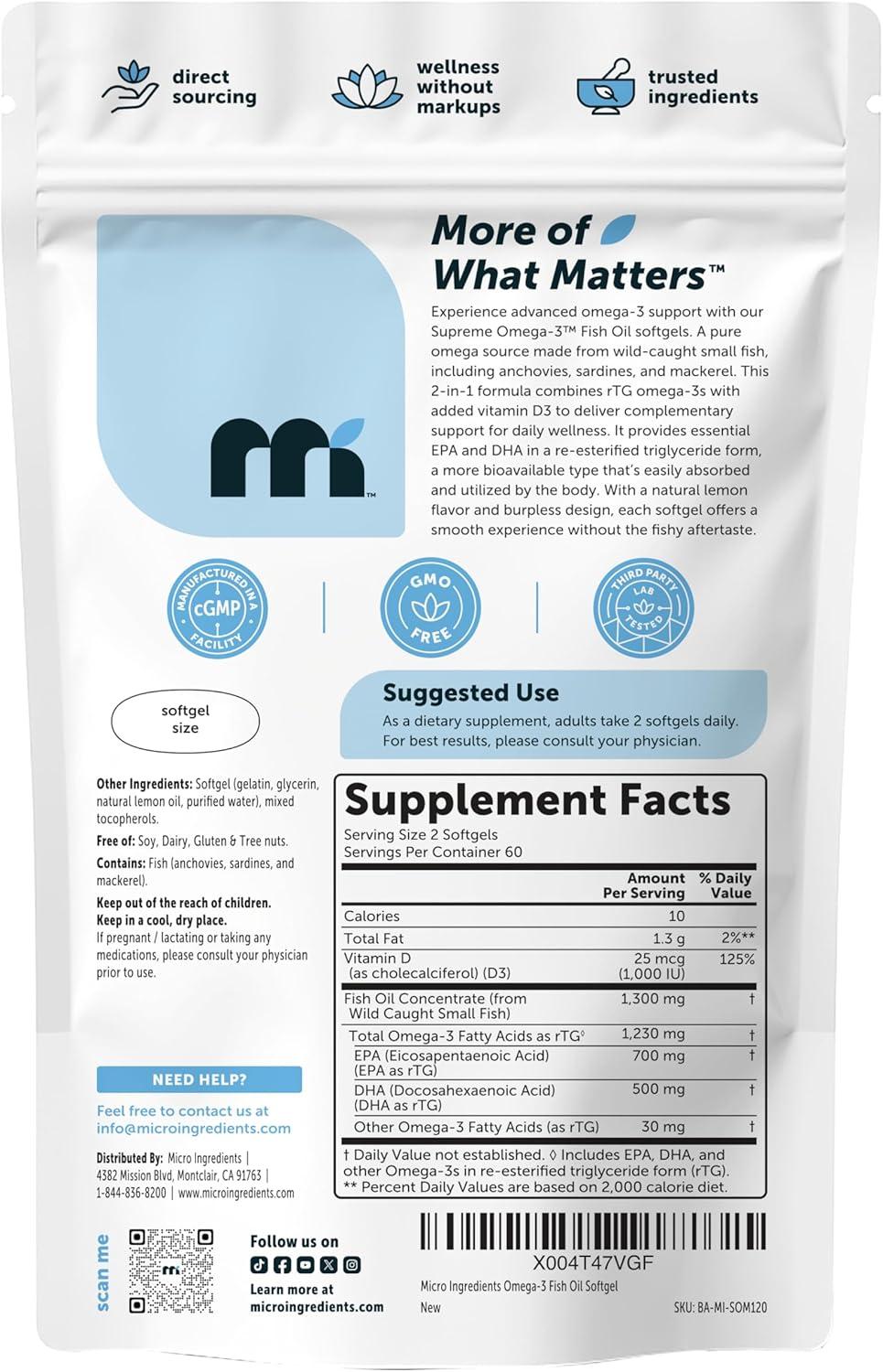 image:imageMicro Ingredients Supreme Omega3 Fish Oil wUltra High EPA amp DHA Burpless Softgels rTG Omega3 with Vitamin D3 WildCaught Cold DeepSea Fish Lemon Flavor Easy to Swallow 60ct120 Count Pack of 1