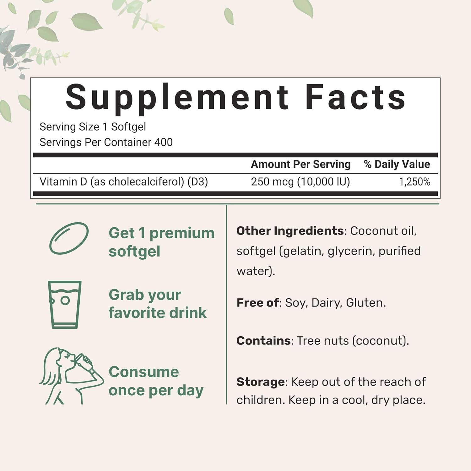image:imageMicro Ingredients Vitamin D3 10000 IU 400 Softgels Virgin Coconut Oil Cholecalciferol Form Bone Immune amp Heart Support Easy to Swallow NonGMO