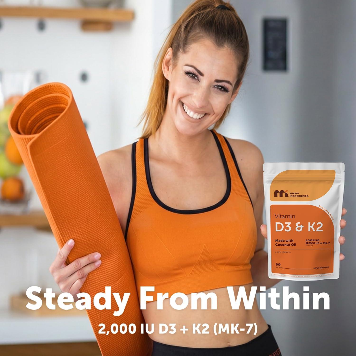 image:imageMicro Ingredients Vitamin D3 2000 IU K2 MK7 50 mcg 300 Softgels Made with Coconut Oil 2in1 Formula Easy to Swallow NonGMO