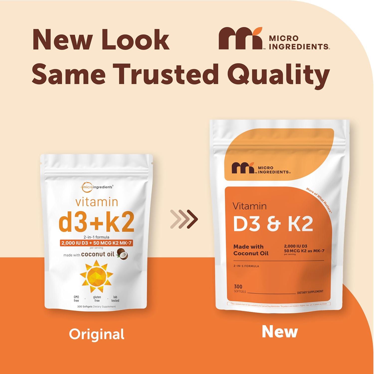 image:imageMicro Ingredients Vitamin D3 2000 IU K2 MK7 50 mcg 300 Softgels Made with Coconut Oil 2in1 Formula Easy to Swallow NonGMO