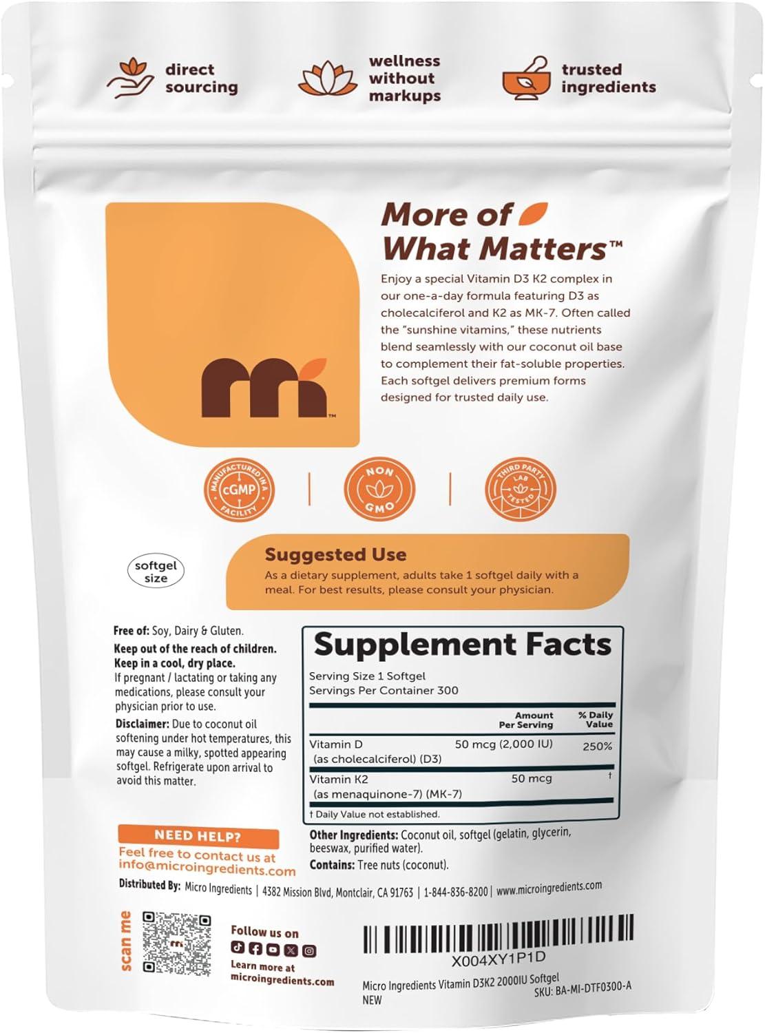 image:imageMicro Ingredients Vitamin D3 2000 IU K2 MK7 50 mcg 300 Softgels Made with Coconut Oil 2in1 Formula Easy to Swallow NonGMO
