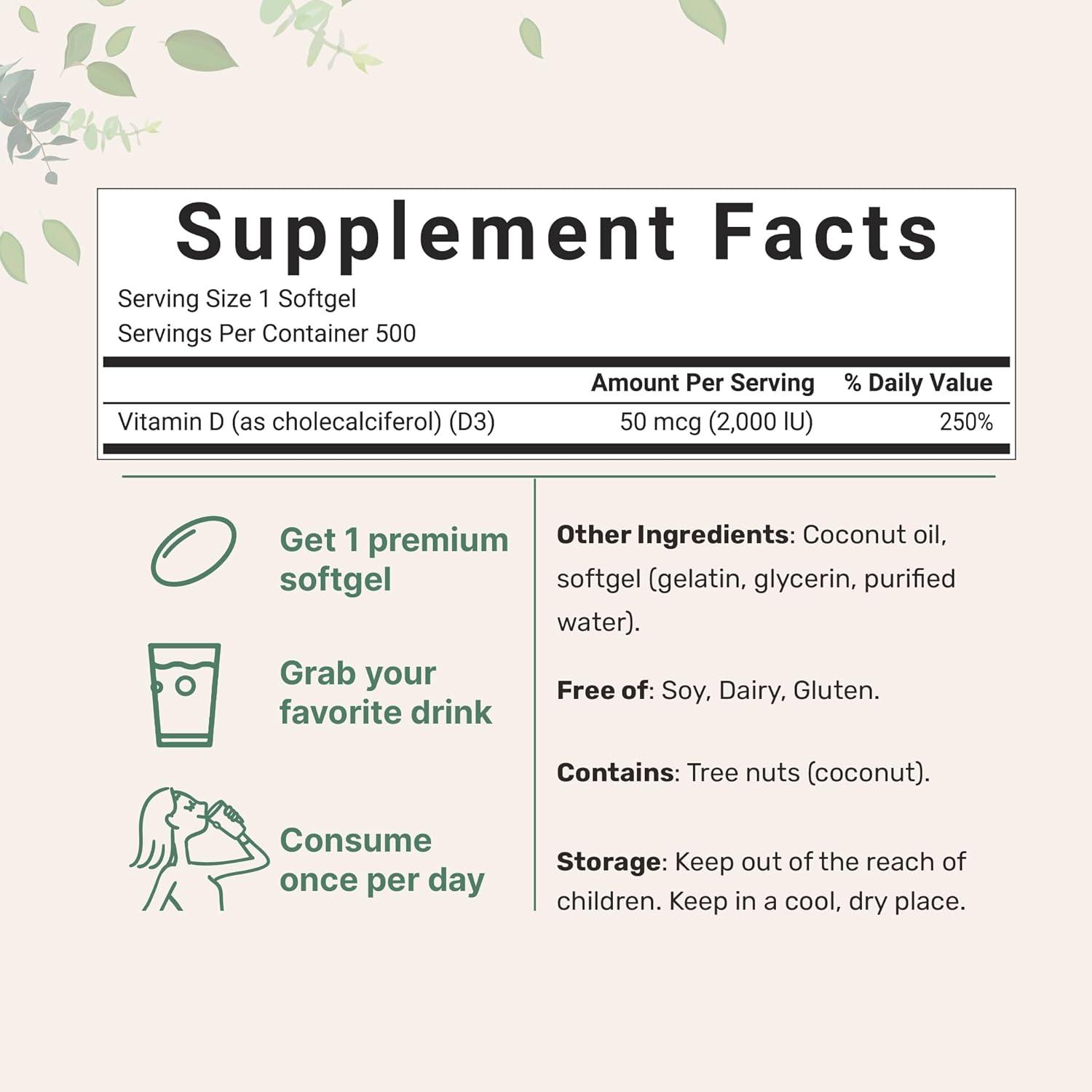 image:imageMicro Ingredients Vitamin D3 2000 IU 500 Softgels Virgin Coconut Oil Cholecalciferol Form Bone Immune amp Heart Support Easy to Swallow NonGMO