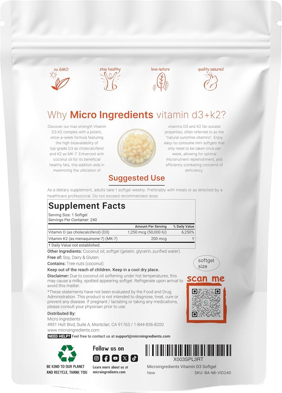 image:imageMicro Ingredients Vitamin D3 50000 IU K2 MK7 200 mcg 240 Softgels Virgin Coconut Oil 2in1 Support Easy to Swallow NonGMO