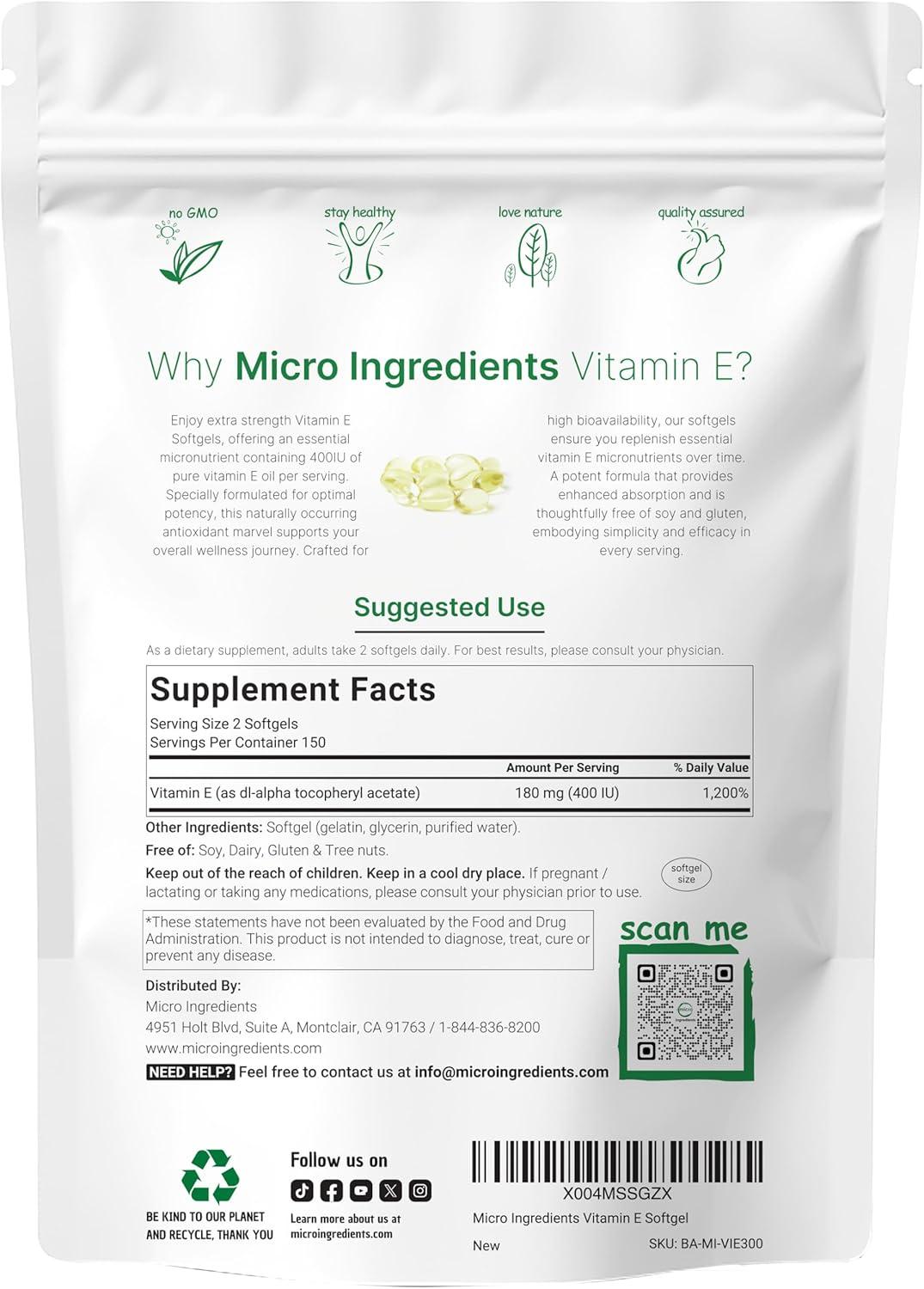 image:imageMicro Ingredients Vitamin E 400IU 300 Softgels Pure Vitamin E Oil Pills Antioxidant Supplements for Skin Face Heart amp Immune Health NonGMO Gluten Free