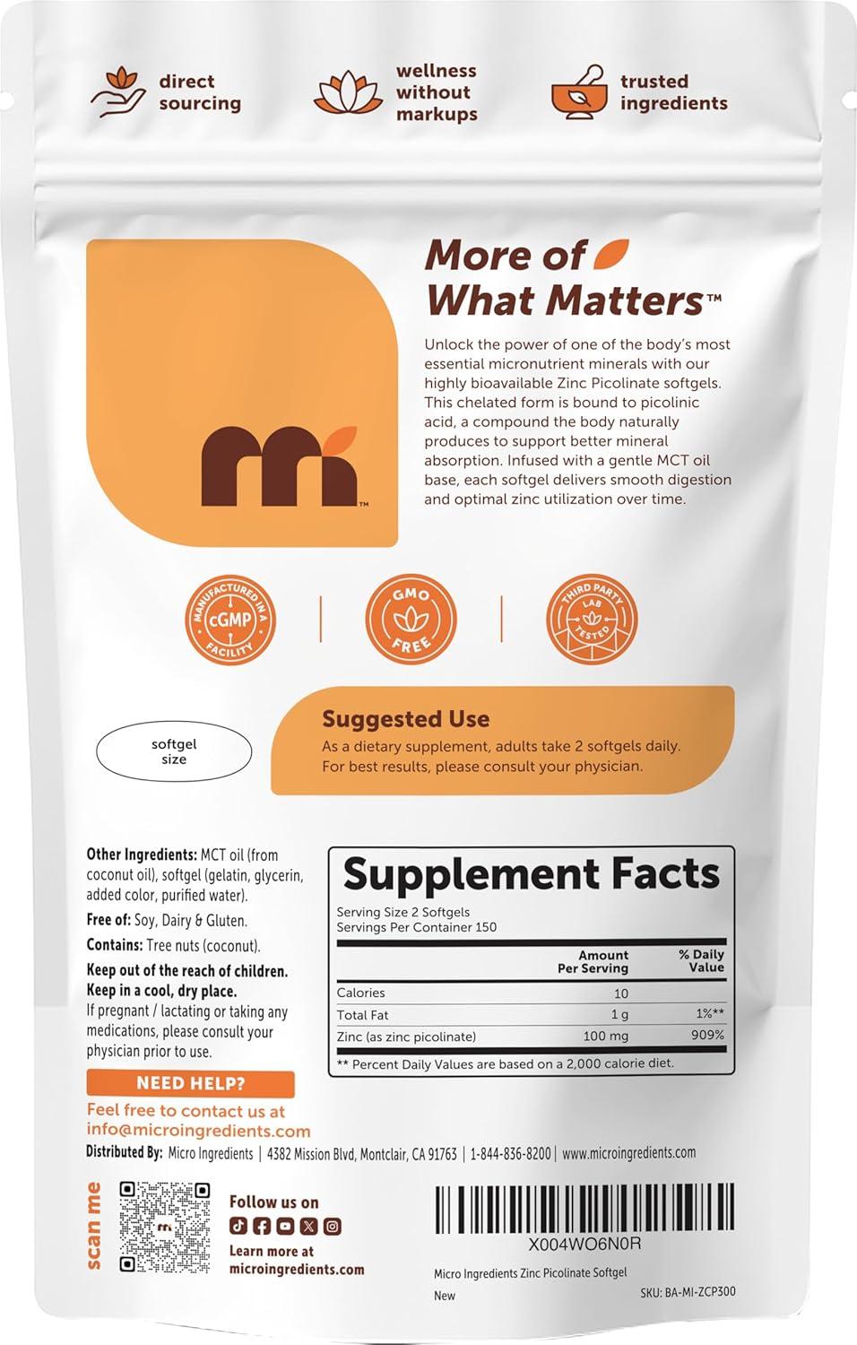 image:imageMicro Ingredients Zinc Picolinate 100 mg Per Serving 300 Softgels Zinc Supplement for Women amp Men Made with MCT Oil NonGMO