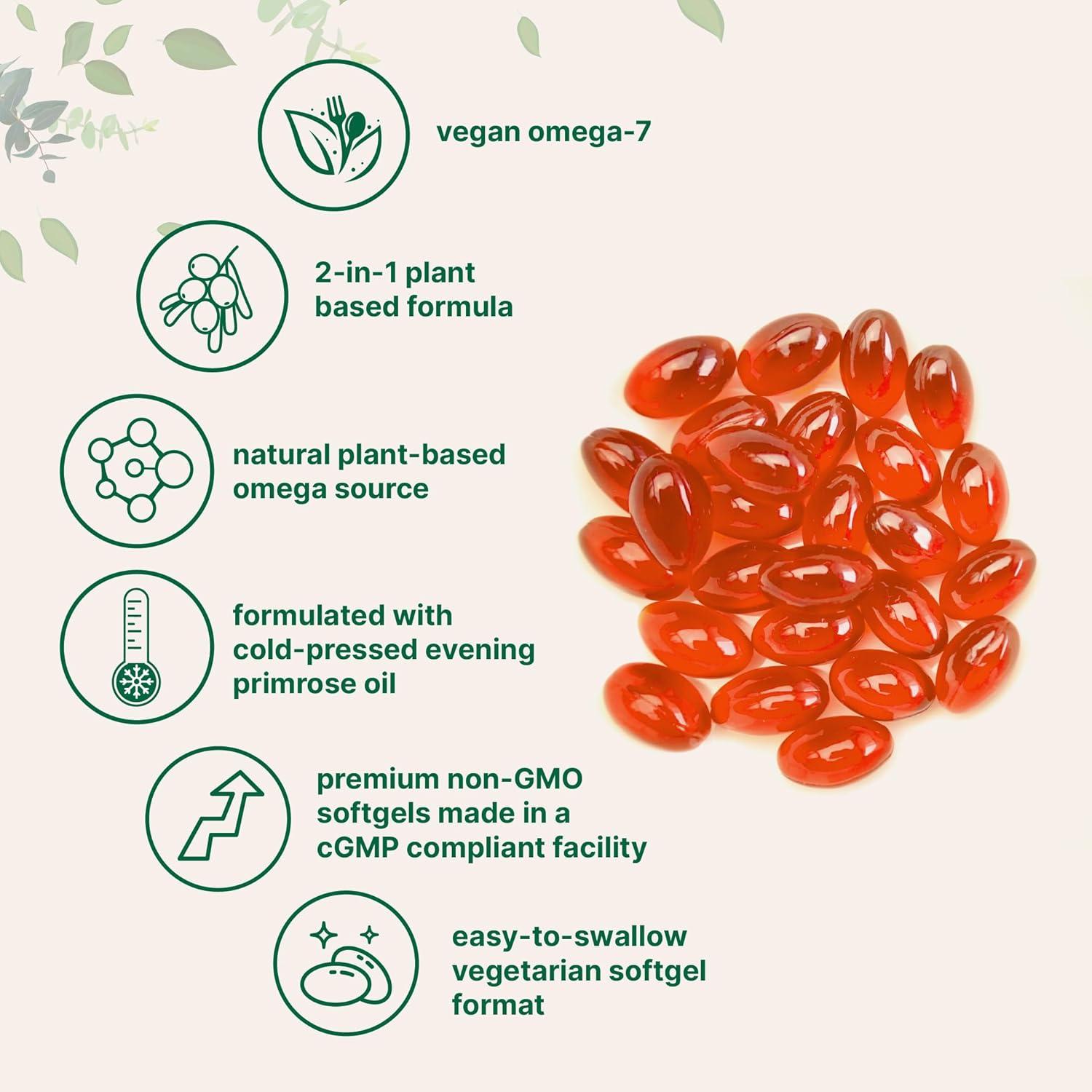 image:imageVegan Omega7 Sea Buckthorn Oil 240 Vegetarian Softgels 2in1 with Evening Primrose Oil Plant Based Botanical Oil Blend NonGMO Gluten amp Carrageenan Free